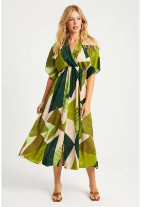 Kadın Haki Desenli Kruvaze Midi Elbise HT108