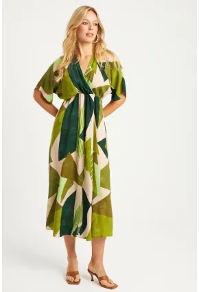 Kadın Haki Desenli Kruvaze Midi Elbise HT108