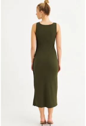 Kadın Haki Düğme Detaylı Kaşkorse Midi Elbise EY2837