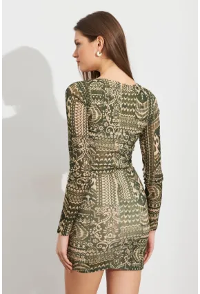 Kadın Haki Etnik Desenli Mini Elbise ROP110
