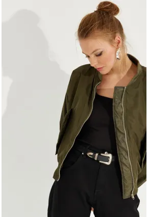 Kadın Haki Fermuarlı Bomber Mont QRS8367