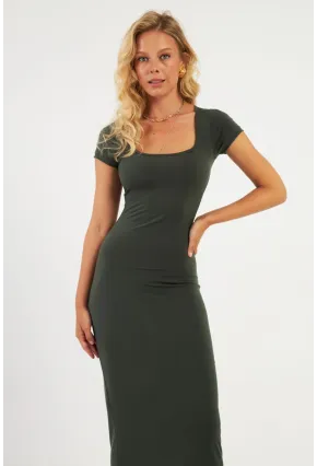 Kadın Haki Kare Yaka Midi Elbise DMR2431