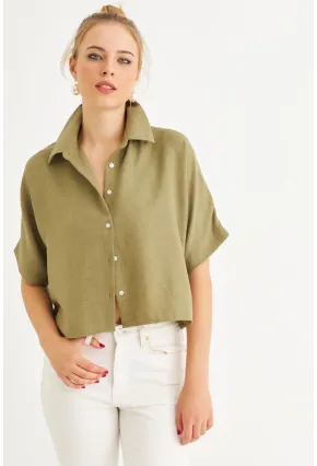 Kadın Haki Kısa Kollu Crop Gömlek CNG117