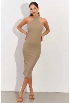 Kadın Haki Sırtı Açık Halter Midi Elbise OW138
