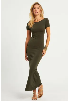 Kadın Haki Sırtı Açık Maxi Elbise DMR306