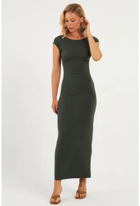 Kadın Haki Sırtı Açık Midi Elbise DMR345