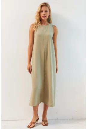Kadın Haki Sırtı Düğmeli Midi Keten Elbise DMR353