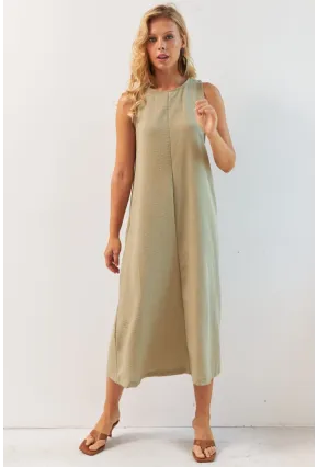 Kadın Haki Sırtı Düğmeli Midi Keten Elbise DMR353