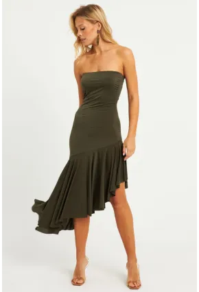 Kadın Haki Straplez Asimetrik Midi Elbise DMR337