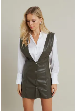 Kadın Haki Suni Deri Mini Elbise NH796