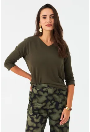 Kadın Haki V Yaka Bluz RX446