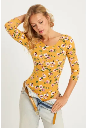 Kadın Hardal Çiçek Desenli Çıtçıtlı Body RK40