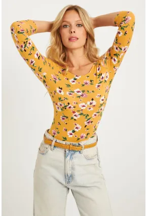 Kadın Hardal Çiçek Desenli Çıtçıtlı Body RK40