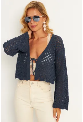 Kadın İndigo Ajurlu Triko Hırka YV248