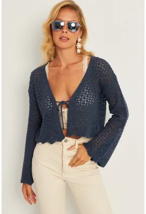 Kadın İndigo Ajurlu Triko Hırka YV248