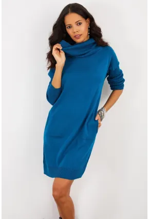 Kadın İndigo Degaje Yaka Triko Mini Elbise YV73