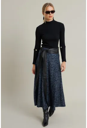 Kadın İndigo Desenli Çan Etek LON3007