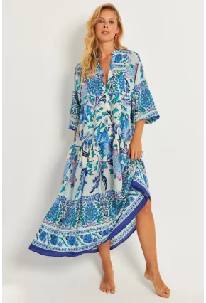 Kadın İndigo Desenli Midi Elbise MGÇ169