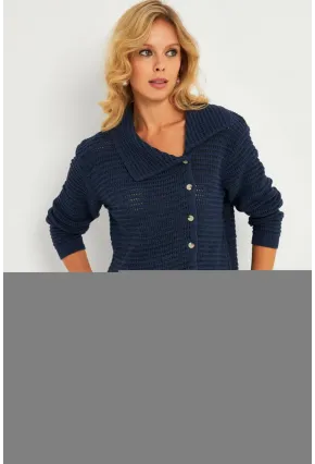 Kadın İndigo Geniş Yakalı Triko Hırka MİW4571