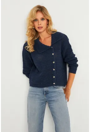 Kadın İndigo Geniş Yakalı Triko Hırka MİW4571