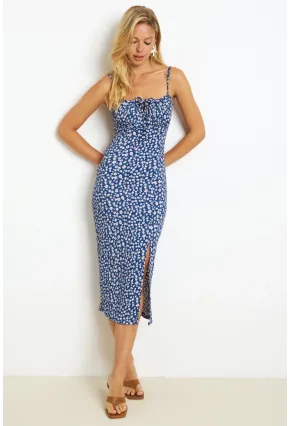 Kadın İndigo İnce Askılı Midi Elbise MON125