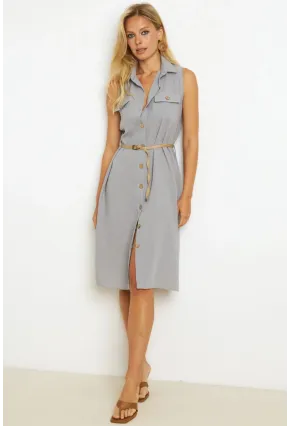 Kadın İndigo Kemerli Gömlek Midi Elbise SGT404