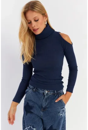 Kadın İndigo Omuzları Açık Kaşkorse Bluz HOR04