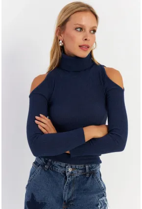 Kadın İndigo Omuzları Açık Kaşkorse Bluz HOR04