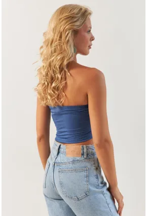 Kadın İndigo Önü Büzgülü Crop Bluz MON138