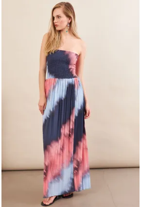 Kadın İndigo-Pudra Straplez Pilise Uzun Elbise MSİ100