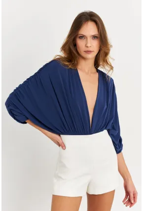 Kadın İndigo Sırt Dekolteli Volanlı V Yaka Body BAR802