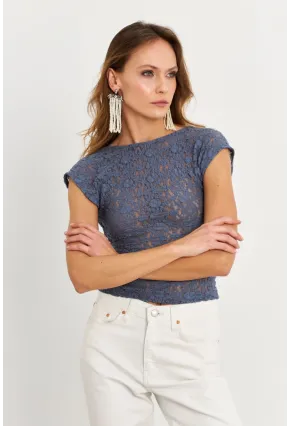 Kadın İndigo Sırtı Açık Dantel Bluz ZH04