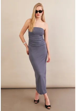 Kadın İndigo Straplez Büzgülü Midi Elbise MX2005