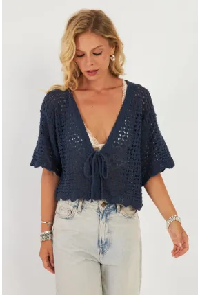 Kadın İndigo Triko Ajurlu Hırka YV255