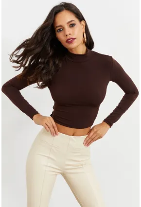 Kadın Kahve Beli Açık Crop Bluz GÇ115