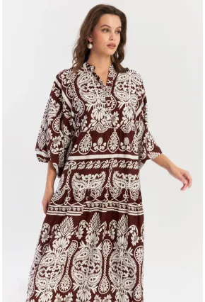 Kadın Kahve-Beyaz Etnik Desenli Maxi Dokuma Elbise ALO325