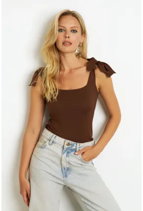 Kadın Kahve-Beyaz İkili Triko Bluz YV271