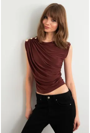 Kadın Kahve Düğme Detaylı Büzgülü Bluz LPP1205-1