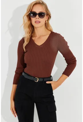 Kadın Kahve V Yaka Fitilli Triko Bluz SMT216
