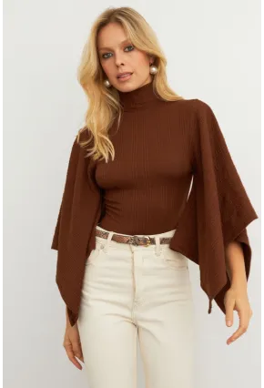Kadın Kahve Yarasa Kol Balıkçı Bluz MTF32