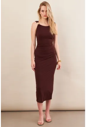 Kadın Kahverengi Aksesuarlı Büzgülü Midi Elbise İRE102
