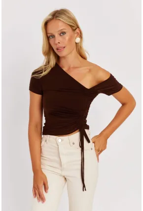 Kadın Kahverengi Asimetrik Yaka Asansörlü Bluz GÇ162