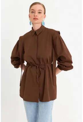 Kadın Kahverengi Bağlama Detaylı Basic Gömlek MASF185