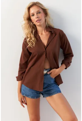 Kadın Kahverengi Basic Gömlek HNT02
