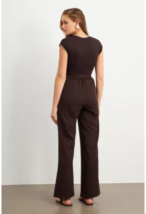 Kadın Kahverengi Beli Lastikli Kuşaklı Pantolon FLU7251