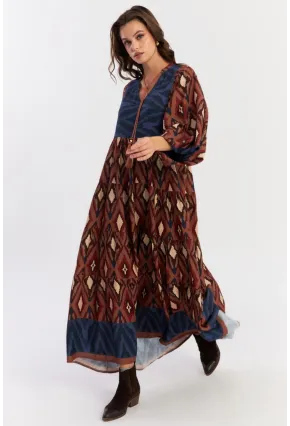 Kadın Kahverengi Desenli Dokuma Maxi Elbise ALO235