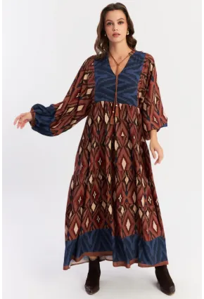 Kadın Kahverengi Desenli Dokuma Maxi Elbise ALO235
