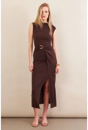 Kadın Kahverengi Eteği Kruvaze Tokalı Midi elbise KED7340