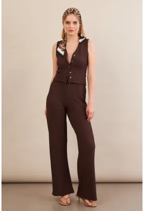 Kadın Kahverengi Gofre Yelek Pantalon Takım FLU330