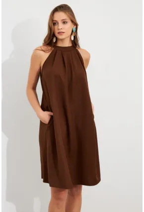 Kadın Kahverengi Halter Yaka Midi Elbise NH5029